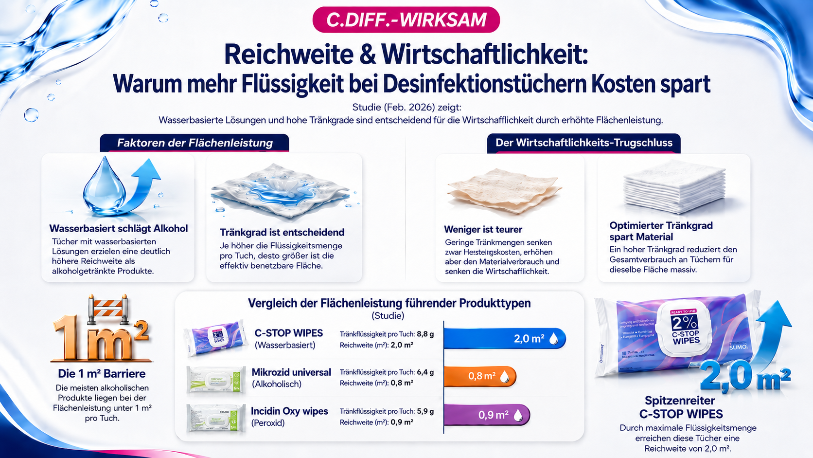 Infografik: Reichweite & Wirtschaftlichkeit – warum mehr Flüssigkeit bei Desinfektionstüchern Kosten spart