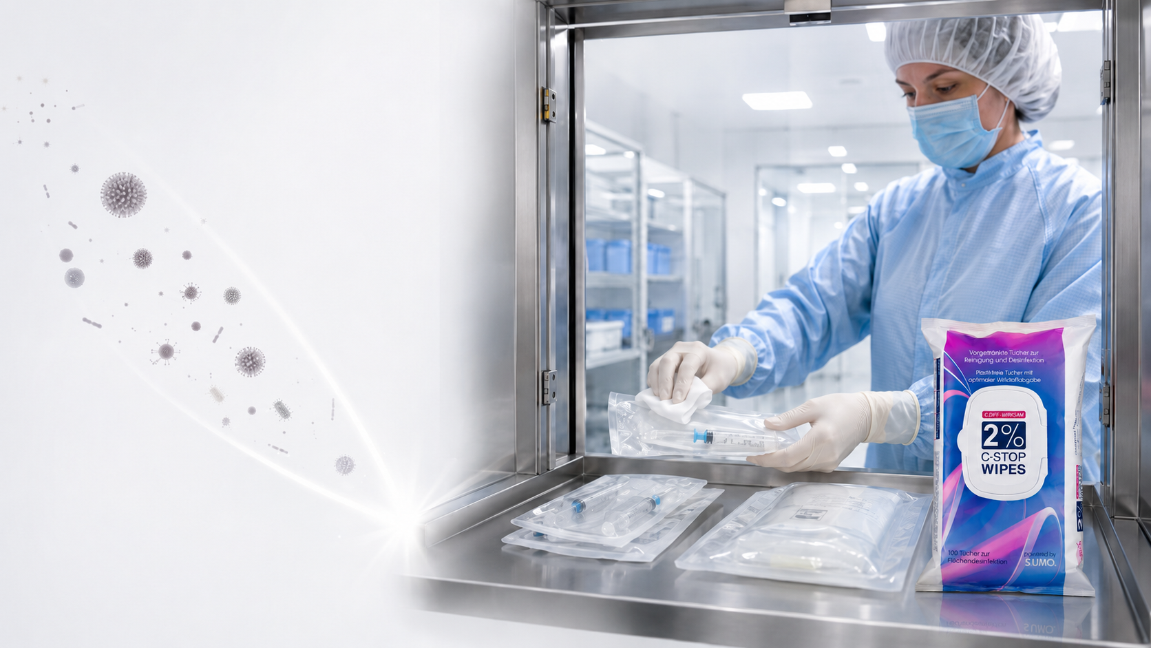 Reinraum-Schleuse mit C-STOP WIPES bei der sporiziden Transferdesinfektion